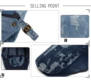 Detail of distressed denim beret featuring ripped texture and adjustable bronze buckle