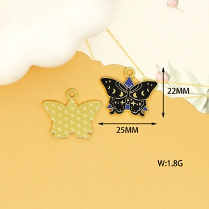 Detail view of black enamel butterfly pendant with size 22x25mm and weight 1.8g