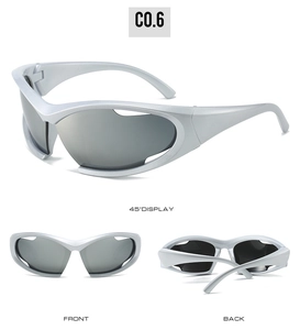 Three views of silver Y2K sports sunglasses with grey lenses and hollowed-out frames