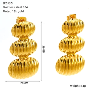 Macro view of 18k gold plated oval earrings with texture details and 39mm size info