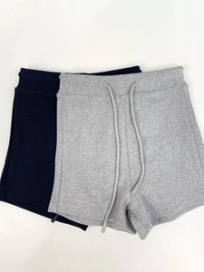 Women's high waist yoga shorts in blue and grey ribbed knit fabric with drawstrings