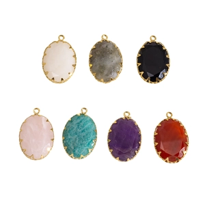 Oval faceted natural stone pendants with gold plated stainless steel edges for DIY jewelry