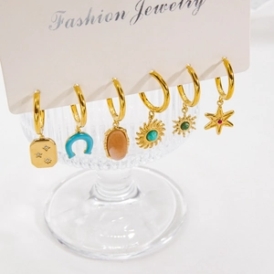 Set of 6 gold stainless steel hoop earrings featuring colorful natural stone pendants