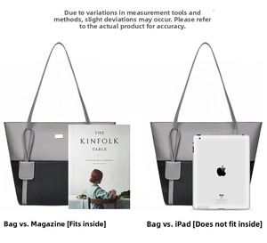 Detailed interior view of a large capacity two-tone tote bag fitting an iPad and magazine