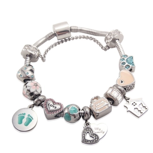 Silver stainless steel heart charm bracelet with enamel beads and family pendants