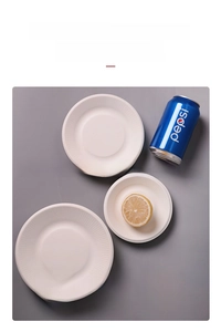 Detailed view of three sizes of biodegradable sugarcane pulp plates with radial patterns
