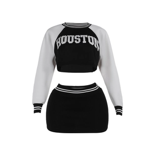 Women's black baseball sweatshirt and mini skirt set with Houston print and striped trim