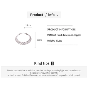Detailed size chart of triple-layer pearl choker with rhinestones and copper material
