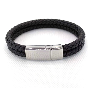 Double-layered black braided leather bracelet with a polished silver magnetic clasp