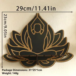 Detail view of yoga lotus wooden wall shelf showing 29x23cm dimensions and assemble structure