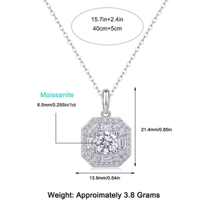 Octagon lab diamond necklace pendant in S925 sterling silver with product dimensions