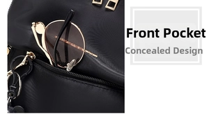 Detail view of front hidden pocket on black Oxford backpack with gold metal zipper