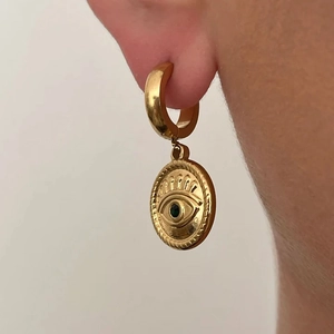 18K gold plated stainless steel hoop earrings with green evil eye pendant for women