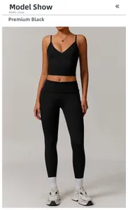 Detailed model shot of black slim-fit yoga tank top and high-waisted gym leggings set