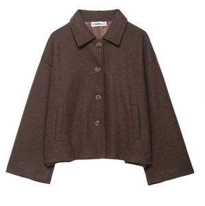 Dark brown short wool coat with turn-down collar and loose silhouette on white background