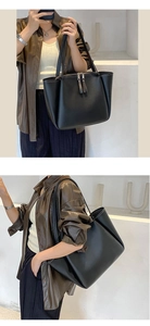 Close-up of black leather tote bag featuring white contrast stitching and tassel zipper detail