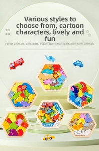 Detailed set of six hexagon wooden puzzles featuring animals, fruits and vehicles