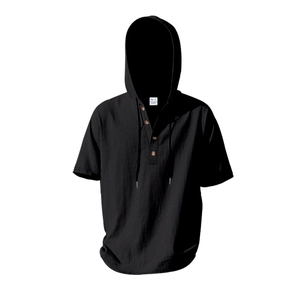 Detail of black linen short sleeve hoodie with wood buttons and half-placket design