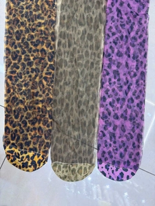 Detailed comparison of three colored leopard print sheer tights in nylon blend fabric