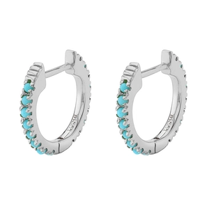 Detail of 14K gold hoop earrings featuring vibrant turquoise inlay on a white background