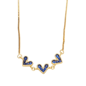 Elegant gold box chain necklace with three connected blue heart pendants and beaded edges
