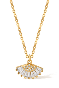 Macro shot of 18K gold plated fan-shaped pendant with sparkling zircon inlay and beads