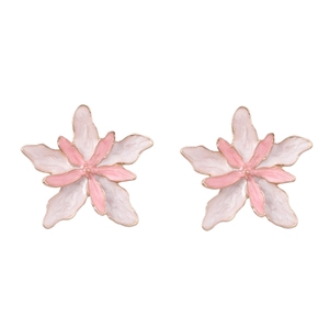 Detailed view of double-layer enamel flower earrings with pink petals and gold trim