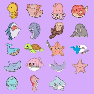 Cartoon ocean animal enamel pins collection featuring cute whales and sea turtles
