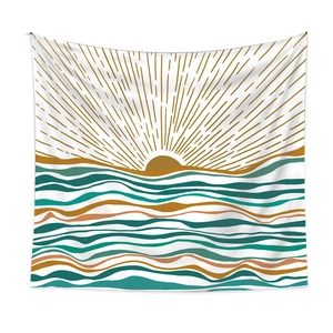 Bohemian sun and waves tapestry wall hanging decoration in yellow and teal tones