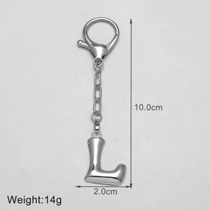 Detail of silver letter L keychain with lobster clasp, size 10cm by 2cm and 14g weight