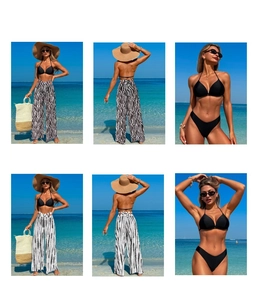 Three-piece bikini set with black halter top and printed wide-leg beach pants detail