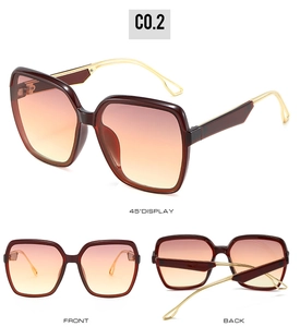 Three-angle view of square oversized sunglasses with gradient lenses and gold metal temples