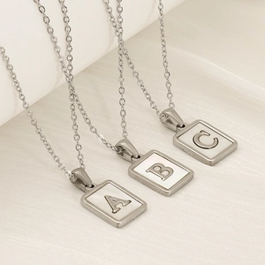 Stainless Steel Necklace With White Shell Initial Letter Pendant Square Geometric Fashion Neckwear Jewelry Gift For Women