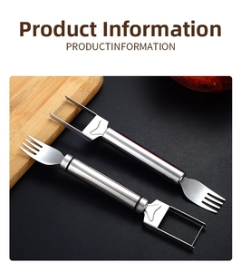 Dual-head stainless steel watermelon slicer and fork tool on a dark textured background