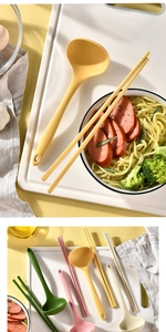 Detailed view of heat-resistant colorful silicone soup spoons and matching chopsticks set