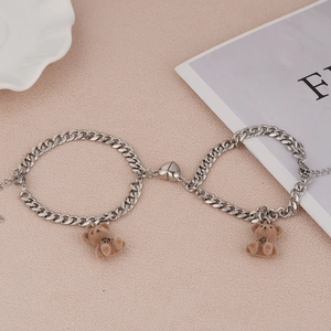 Set di Bracciali per Coppia con Magnete a Cuore e Orso in Acciaio Inossidabile Catena a Maglie Cubane Regolabile per Amanti Gioielli