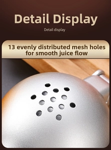 Macro shot of manual citrus press showing 13 uniform filter holes for smooth juice flow
