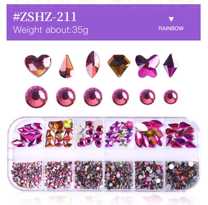 Rainbow glass nail art rhinestones in 12-grid box with hearts and mixed shapes
