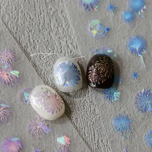 Detailed macro view of laser holographic firework nail art stickers with 3D texture