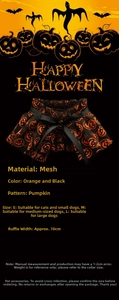 Detail size guide for pumpkin print pet Halloween collar with orange and black mesh
