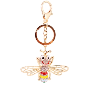 Cute golden bee keychain with colorful rhinestones and sparkling insect wing details