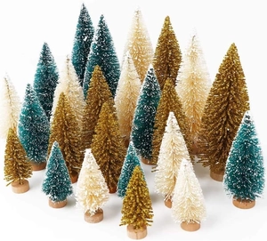 Detailed close-up of colorful bottle brush Christmas trees with wooden bases and snow frost