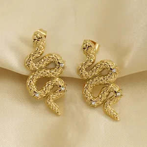 Snake Stud Earrings 18K Gold Plated Stainless Steel With Rhinestones Vintage Punk Style Fashion Jewelry For Women