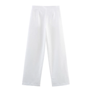 Front view of high waist white wide-leg suit trousers for women in a flat lay style