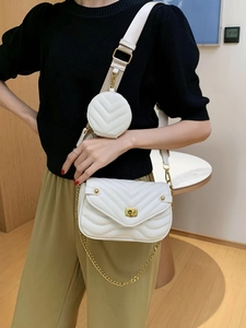 Women Crossbody Bag PU Leather V-Quilted Chevron Shoulder Bag With Mini Round Pouch Gold Chain Wide Strap Square Bag