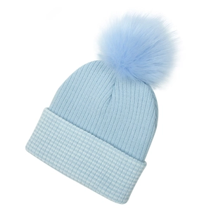 Close-up of light blue knitted hat with large fluffy faux fur pompom and ribbed texture