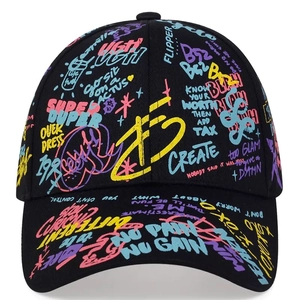 Black cotton baseball cap featuring vibrant graffiti prints and a curved brim for unisex style