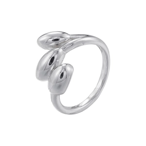 Macro detail of silver geometric leaf-shaped ring with polished stainless steel finish