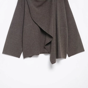 Women's dark taupe knit poncho wrap with asymmetrical draped front and wide sleeves