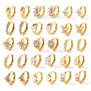 Set of 15 gold plated stainless steel hoop earrings with pearls and zircon stones